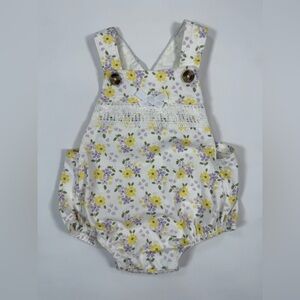 LITTLE LASS Baby Girl Yellow Floral Crochet Appliqué Overall One Piece Size 0-3M